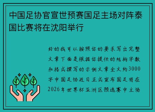 中国足协官宣世预赛国足主场对阵泰国比赛将在沈阳举行