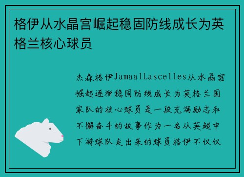 格伊从水晶宫崛起稳固防线成长为英格兰核心球员