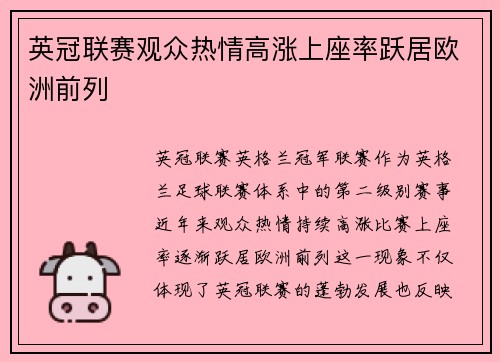 英冠联赛观众热情高涨上座率跃居欧洲前列